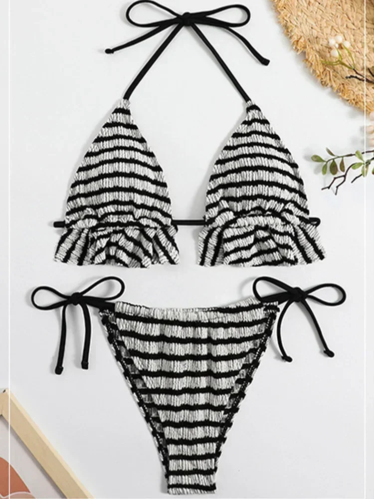 Bikini da spiaggia sexy con lacci a righe Set da 2 pezzi Costume da bagno diviso da donna Bikini da vacanza senza schienale a vita alta Nuovo set bikini estivo