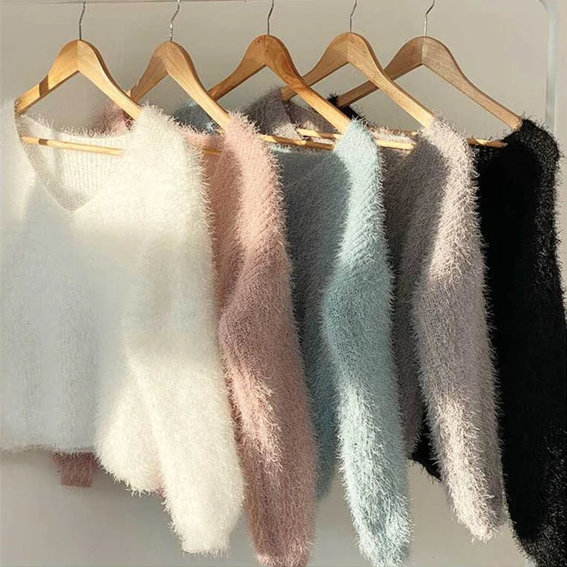 Women V Neck Oversized Sweater Solid Korean Pullover Autumn Winter Loose Thick Furry Warm Sweaters For Women Jumpers Mohair Top