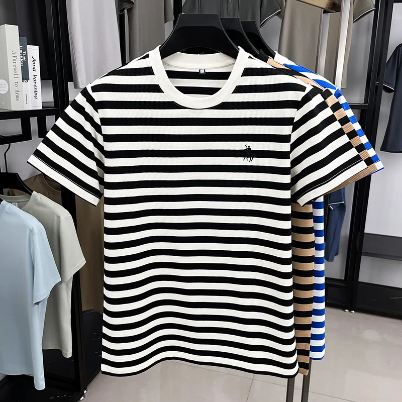 الراقية الرجال تي شيرتات قصيرة الاكمام أزياء العلامة التجارية بول المهر المطرزة الصيف مريحة عارضة الكلاسيكية مخطط جولة الرقبة أعلى #5