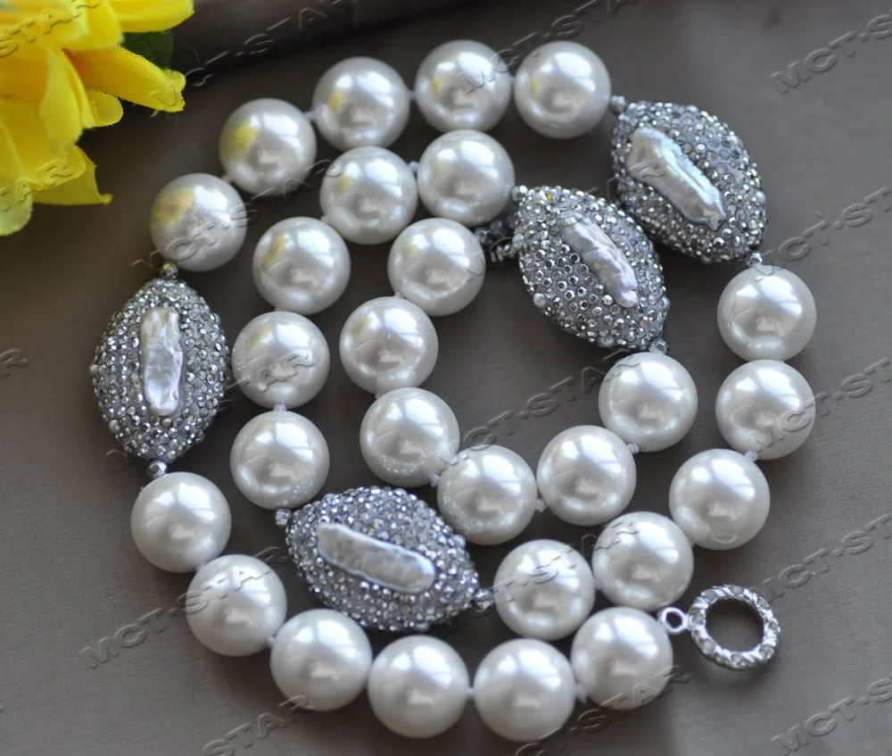 

Z12527 22" 28mm White Biwa CZ Pearl Round South Sea Shell Pearl necklace