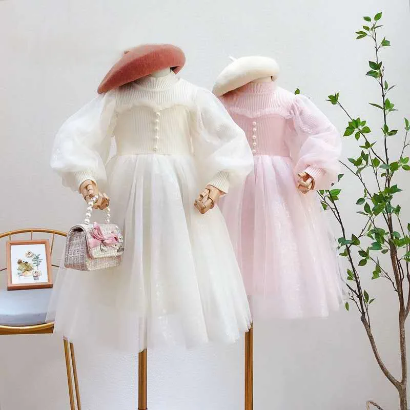 Autumn and Winter Clothing New Children's Clothing Girls' Korean Mesh Lantern Sleeve Spliced Princess Dress Children's Western S