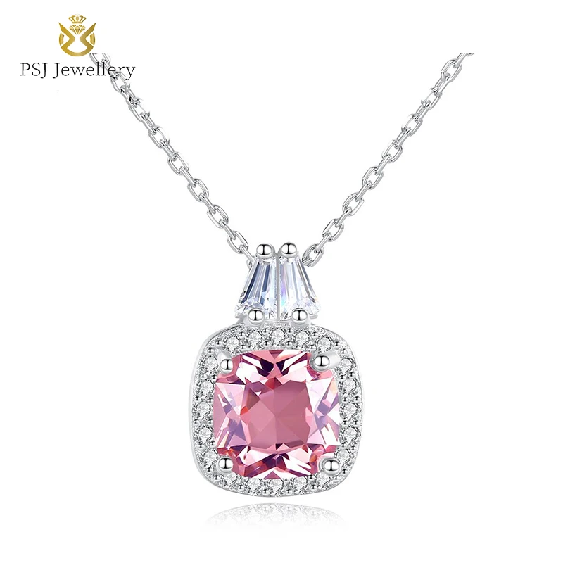 

PSJ Fashion Charm Jewelry Pink Square Brilliant Gemstone Inlay Rhodium Plated S925 Sterling Silver Pendant Necklace for Women