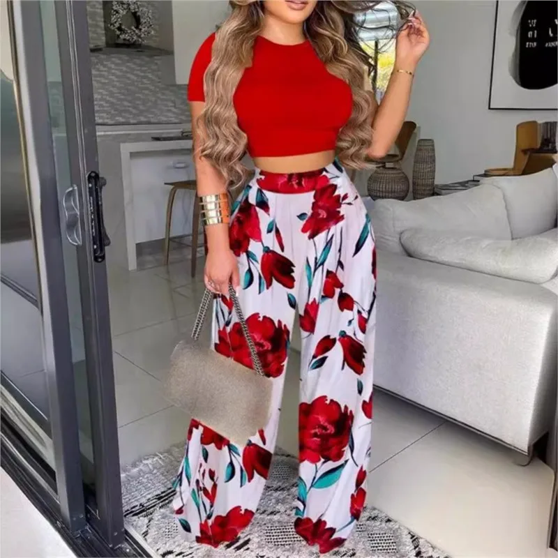 Two Piece Set For Women O-neck Skinny Sexy Tops And Loose Wide Legs Trousers Casual Elegant Daily Lady Outfit 2024 Spring Summer