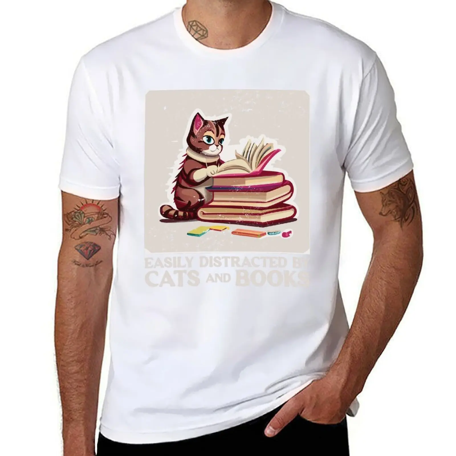 

Funny Booklover Easily Distracted by Cats and Books T-Shirt t shirt man casual T-Shirt
