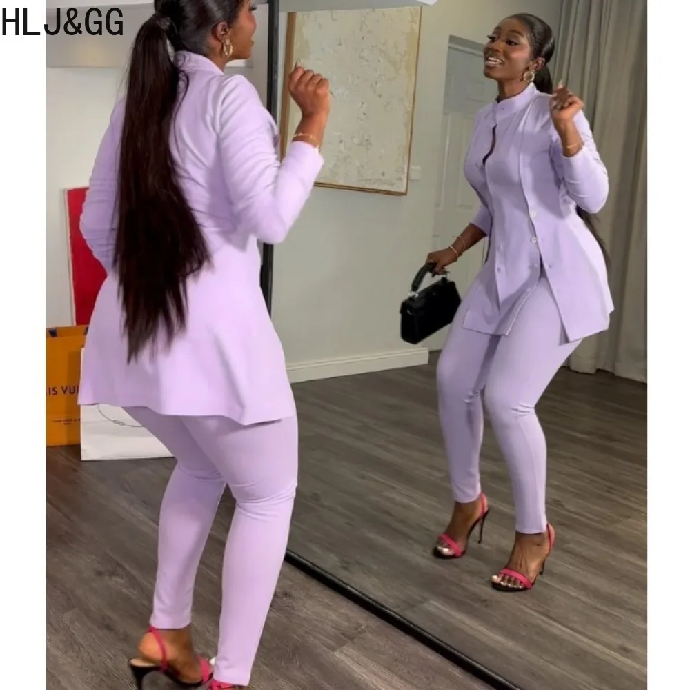 HLJ&GG Elegant Lady Solid Button Skinny Pants Two Piece Sets Women Stand Collar Long Sleeve Top And Pants Outfit Female Clothing