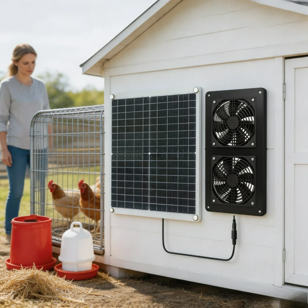 20W 30W Off Grid Monocrystalline Solar Panel IP65 Waterproof Dual Exhaust Fan RV Caravan Greenhouse Chicken Coop Pet House