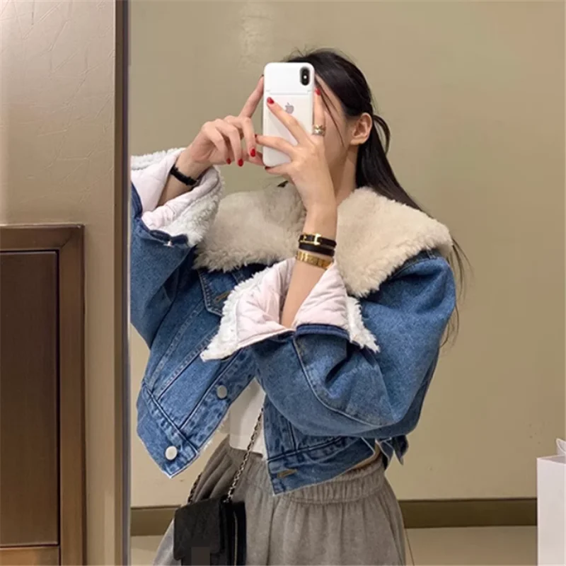 Large Lapel Imitation Lamb Wool Short Jacket Women Winter Fashion Thick Denim Patchwork Plush Coat Chic Warm Outwear Windbreaker
