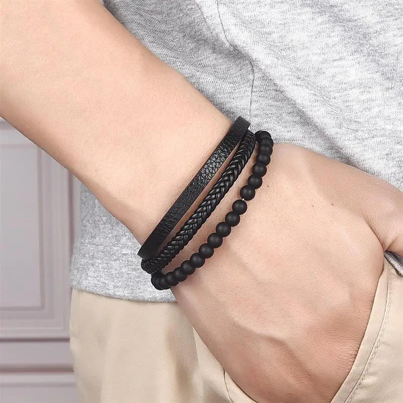 Jiayiqi Punk Leather Bracelet with Stainless Steel Magnet Beaded Multi Layer Leather Bracelet For Men Jewelry Stock Clearance