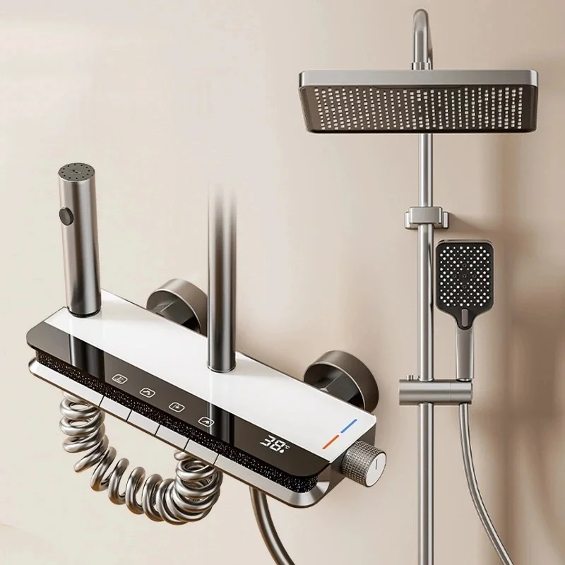 【Schip uit de EU】Douchesysteem Badkamer Doucheset Bad Warm en Koud Douchekraan LED Licht Digitale Messing Kraan Doucheset