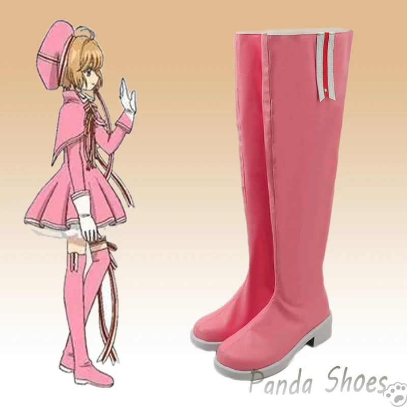 Kinomoto Sakura Cosplay Sapatos, Cardcaptor Sakura Cos, Botas rosa longas, Figurino, Festa de Halloween