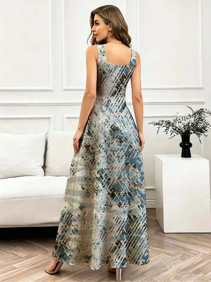 

Square Neck Printed Maxi Dress With Thin Straps Elegant Sleeveless Dress For Women