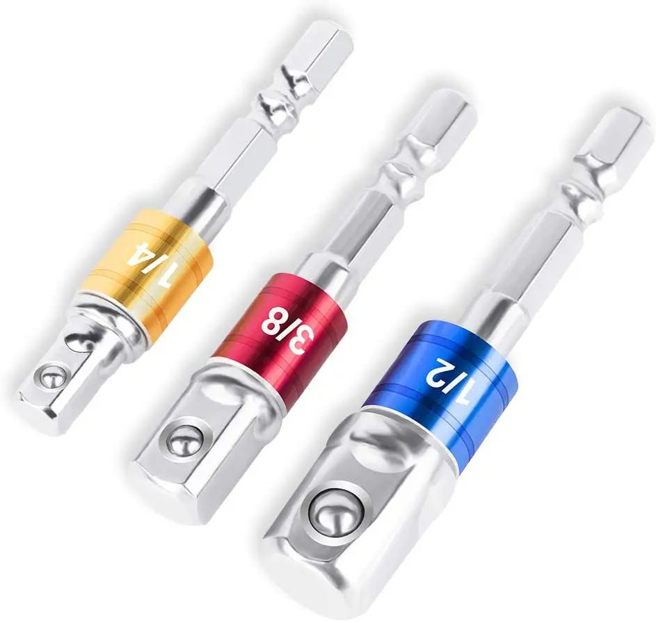Impact Grade Socket Adapter/ Extension Set, Turns Power Drill Into High Speed Nut Driver 1/ 4", 3/ 8" 1/ 2" Drive, Drill Adpater