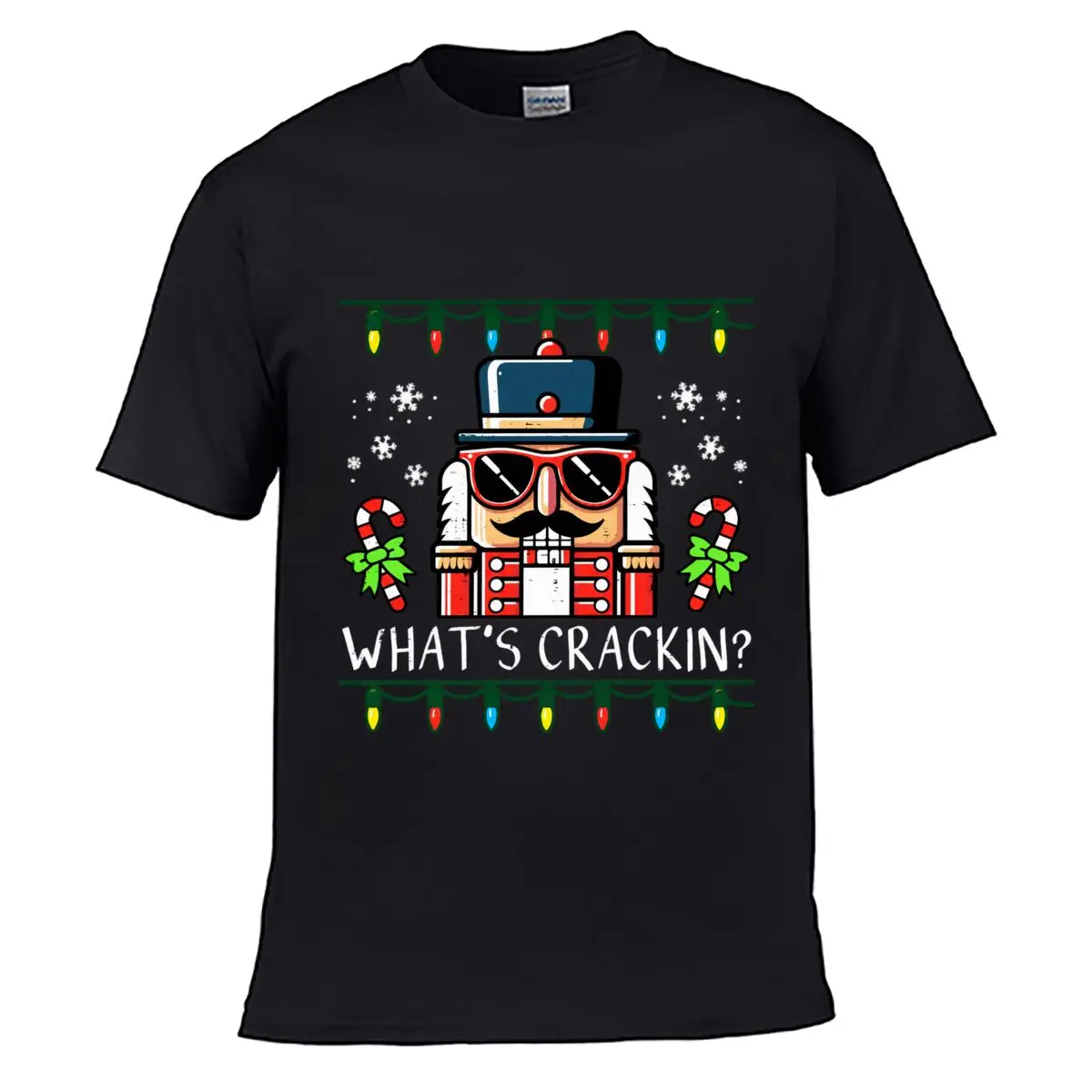 Christmas Nutcracker Whats Crackin Candy Cane Holiday Lights Pattern Loose Casual T-shirt
