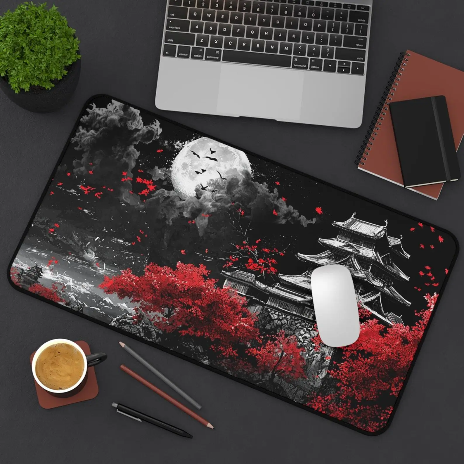 Japanese Castle Mouse Pad Gaming Laptop Office Red Sakura Tree Mousepad, Desk Mat Kawaii Mouse Mats Full Moon Pc Gamer Desk Mat