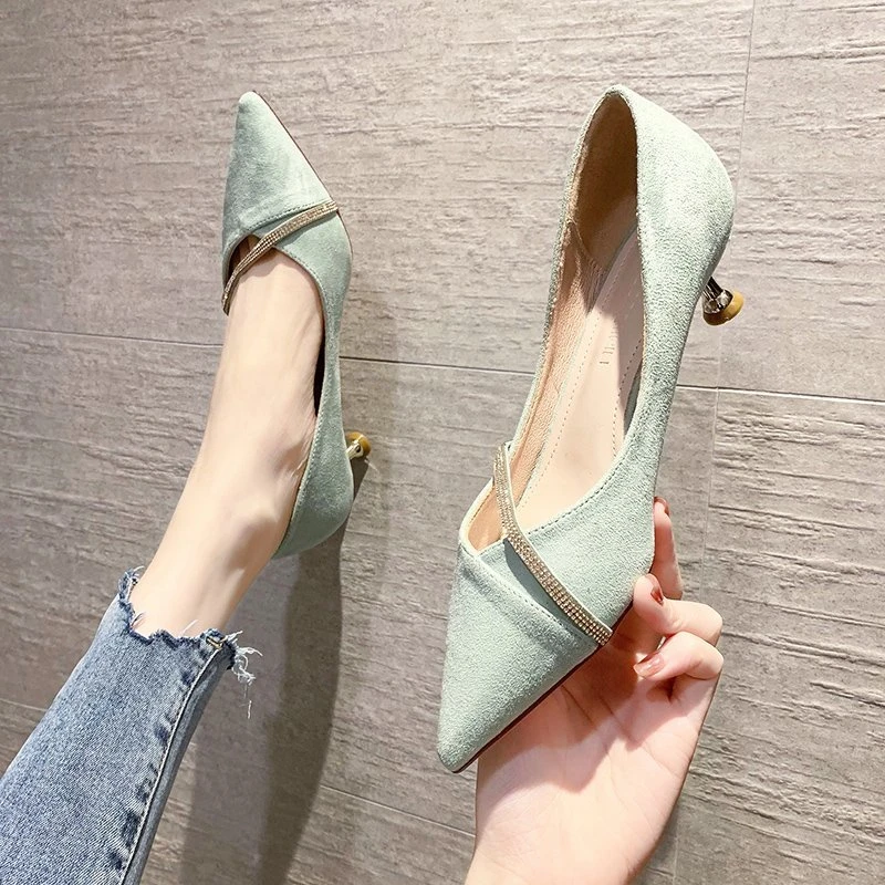 Women\'s Single Shoes Summer New Low Heel Pointed Drill Bar Pumps Fashion Comfortable Professional Party Sandals