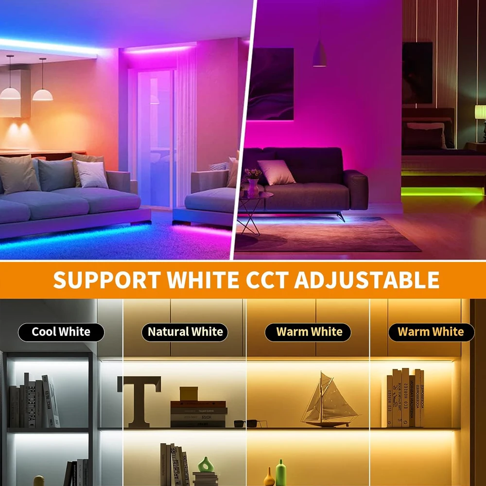 5M 10M 20M COB RGB+CCT LED Strip 24V Flexible Dimmable Room Ceiling Cabinet Liner Light Decor 2.4G RF Touch Panel Remote Control