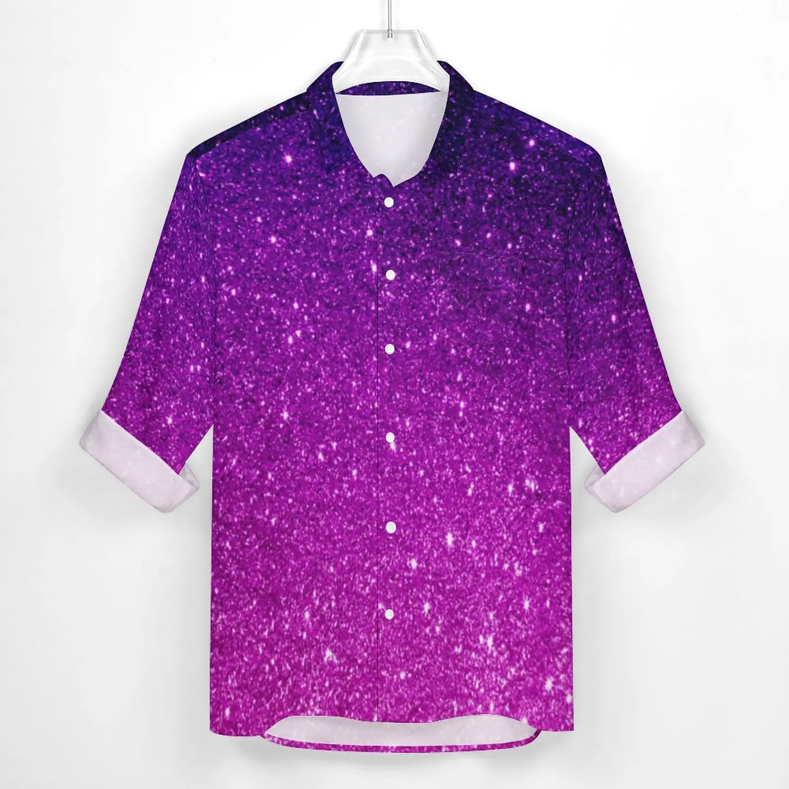 Glitter Ombre Print Shirt Man Magical Purple Casual Shirts Autumn Y2K Design Blouses Long Sleeve Fashion Oversized Top Present