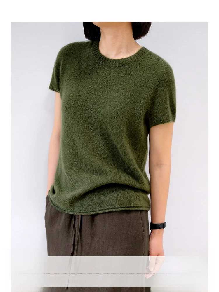 

Sansan De Jiu Camere Silk Knitted ort Sve T-irt Summer Thin round Ne Women's Faion Premium Quali Wool Blend