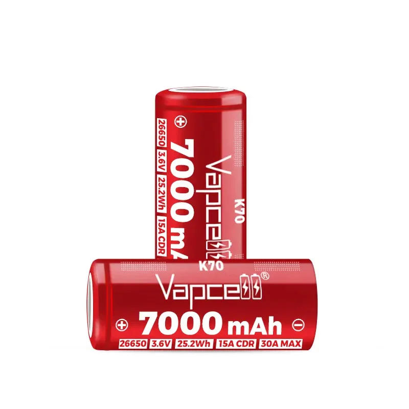 بطارية Vapcell K70 26650 الأصلية 7000mAh CDR 15A Max 30A قدرة عالية 26650 خلية بطارية ليثيوم أيون قابلة للشحن