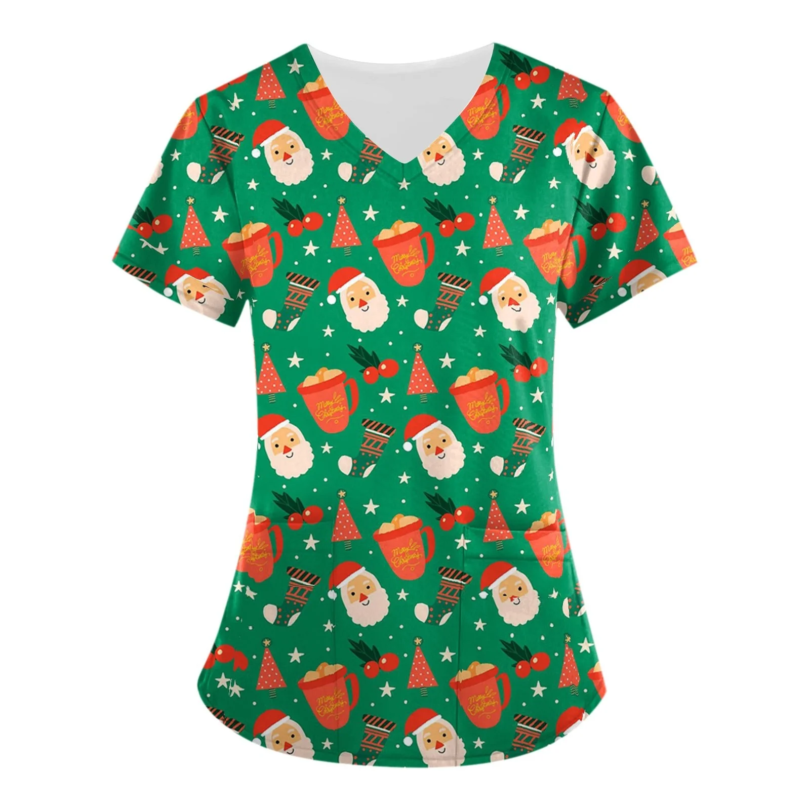 Novo uniforme clínico de natal mulher verão dos desenhos animados impressão 3d microelástico uniformes médicos casual com decote em v uniforme de enfermeira mulher topo