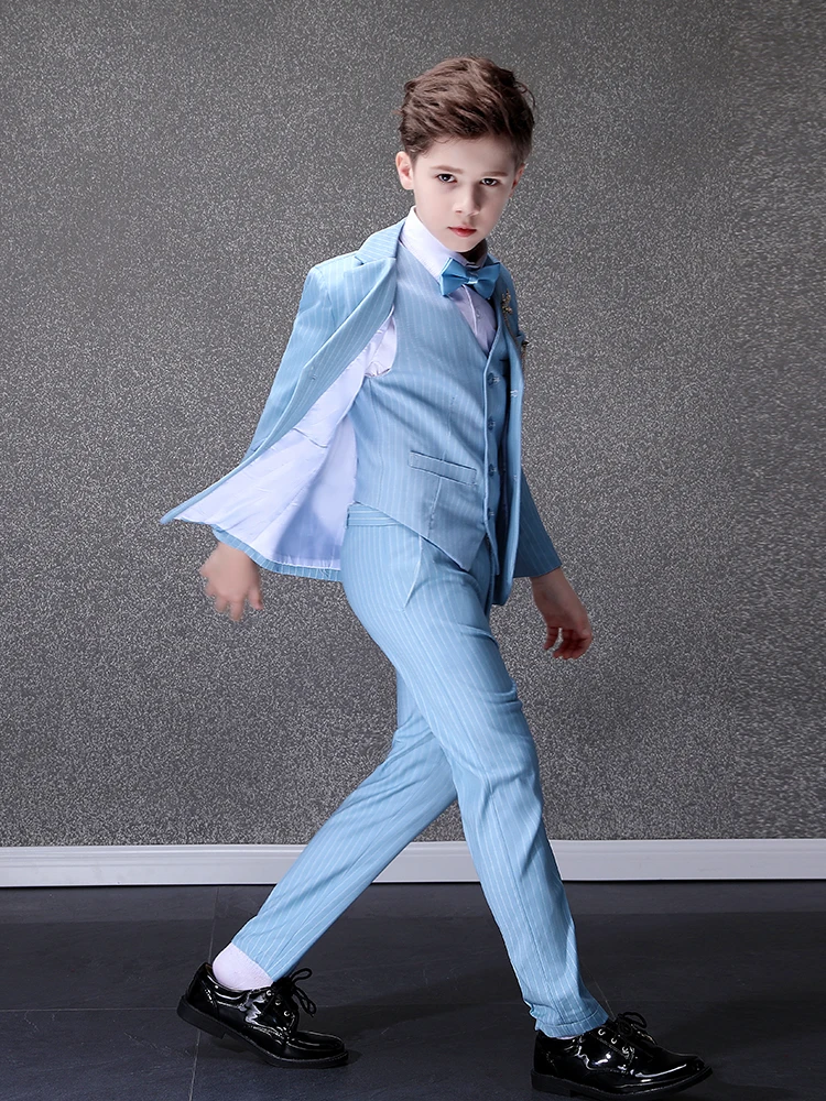 Children Luxurious Light Blue Photograph Suit Flower Boys Jacket Vest Pants Bowtie 4PCS Wedding Dress Teen Kids Tuxedo Costume