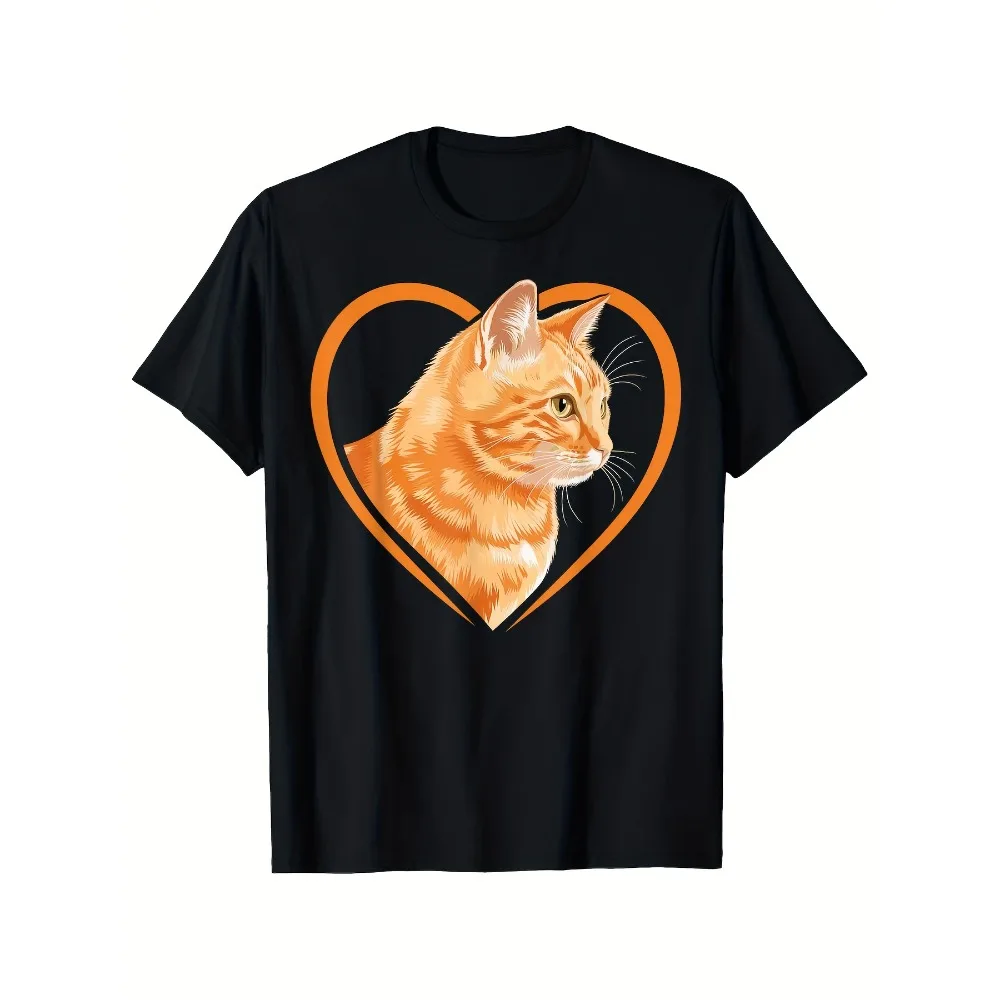 Men's & Women's Orange Tabby Cat T-Shirt - Black with Ginger Tabby Cat Face & Heart Design, Ultra-Soft Breathable Cotton Short