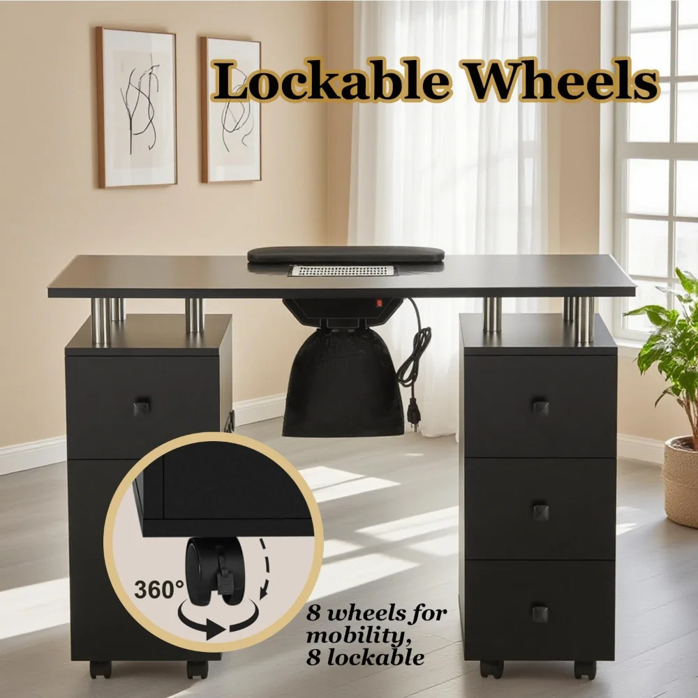 

Black Nail Desk Nail Tbale for Nail Tech, Manicure Table w/Electric Dust Collector, 4 Drawer&1 Cabinet Storage, Lockable Wheels