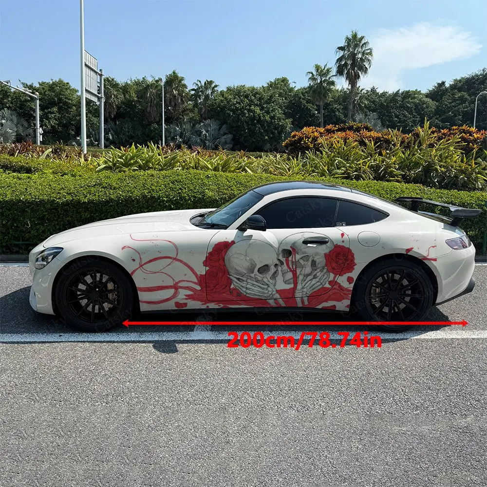 2pcs Romantic Blood Splatter Skulls Car Side Wraps, Self-Adhesive PVC Waterproof & Scratch-Resistant Sticker, Car Accessory Gift