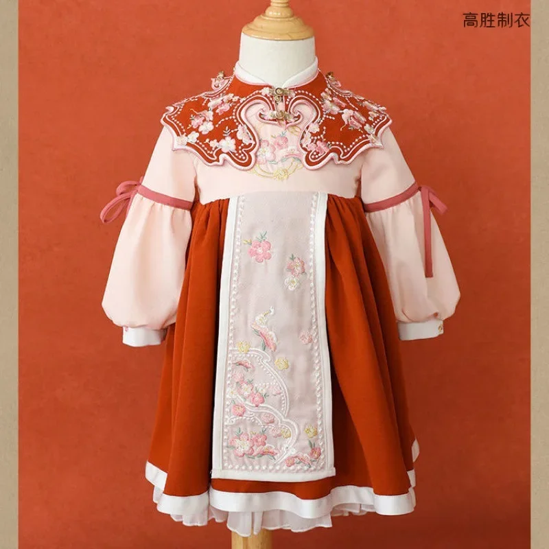الفتيات الاطفال النمط الصيني شيونغسام التطريز الأميرة التقليدية السنة الجديدة الزي فستان ربيع الخريف فساتين هانفو الرجعية #4
