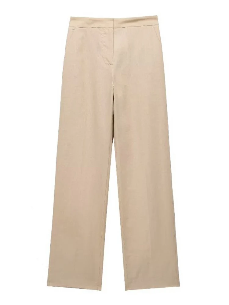 

Kumsvag 2023 Women Summer Straight Pants Casual Solid Linen High Waist Button Female Elegant Street Trousers Clothing