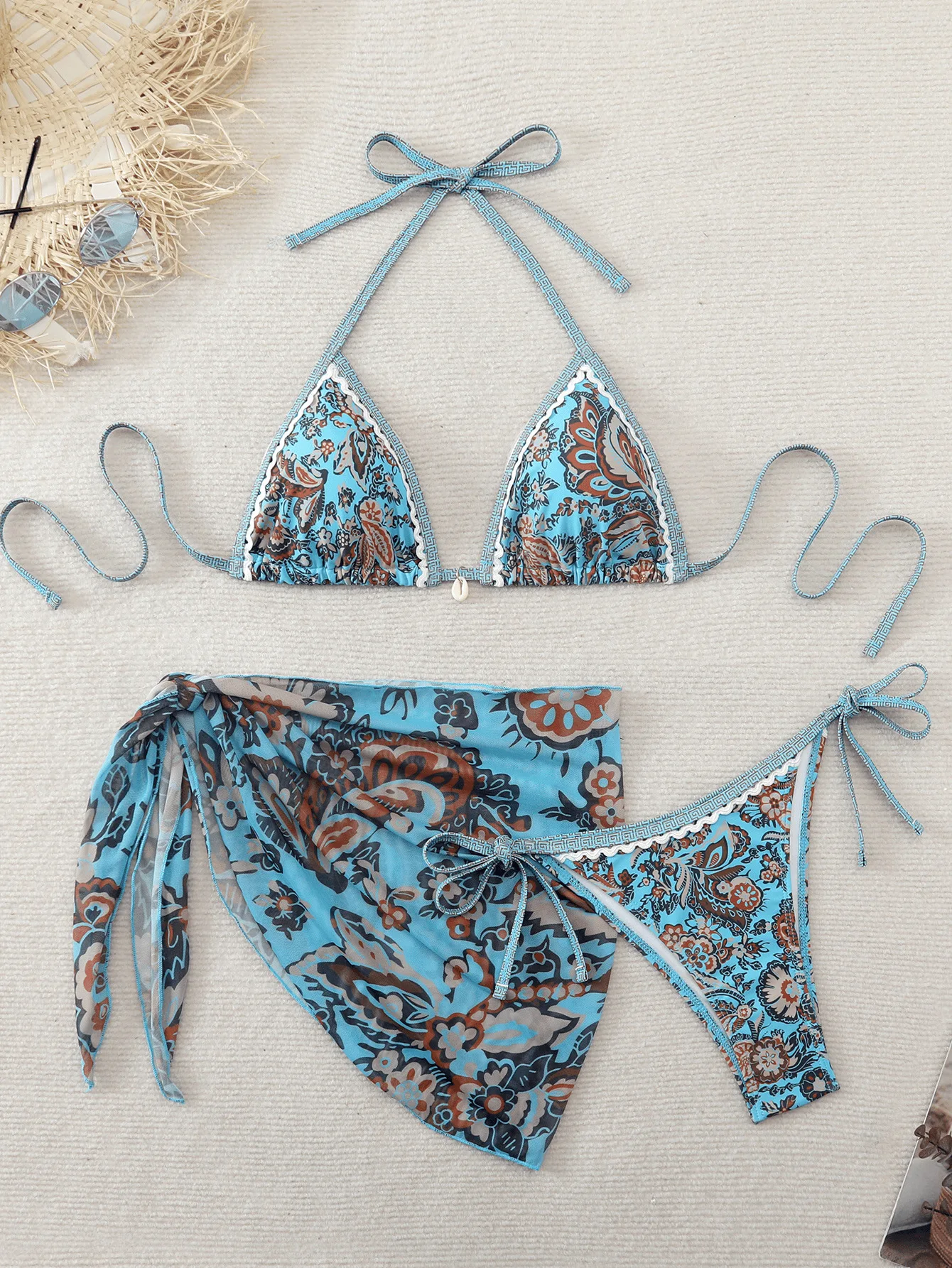 

2026 Printed 3 Piece Bikini Set Women Sexy Push Up Triangle Two Piece Swimsuit with Cover Up Beach Vacation Swimwear Skirt Sets