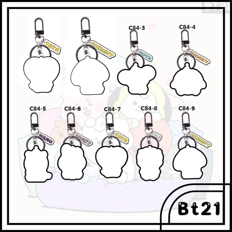 7Pcs/set 5Cm Kawaii Bt21 Keychain Cute Cartoon Transparent Acrylic Double-Sided Accessories School Bag Pendant Boy Girl Gift