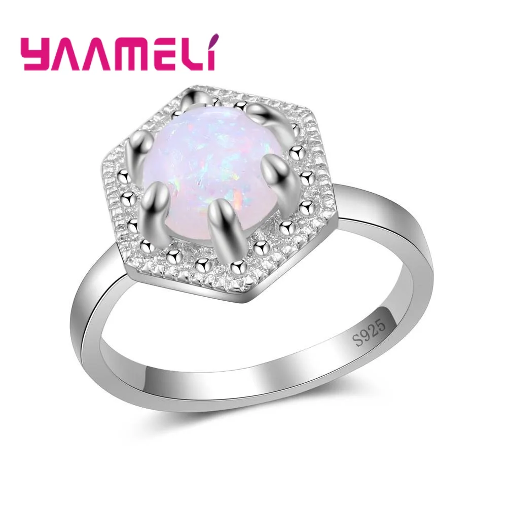 Hexagon Design New Arrival 925 Sterling Silver Color Round Opal Stone Finger Rings For Women Female Crystal Jewelry Present
