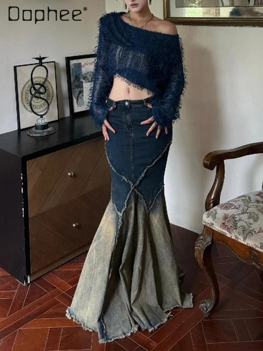 

Maillard Retro Denim Fishtail Skirt Y2k Autumn New Slim Fit Irregular Raw Edge Gradient Maxi Skirt Vintage Street Fashion