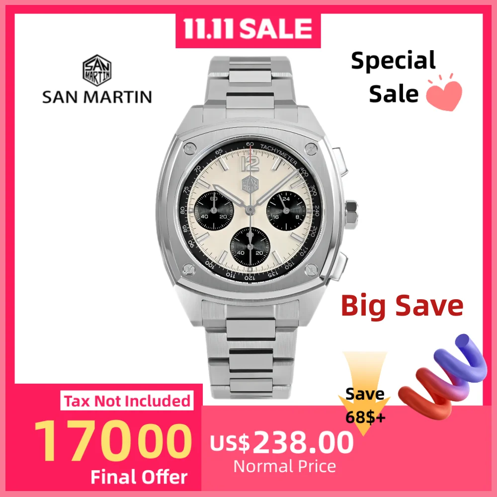 

San Martin 39.5mm VK63 Panda Quartz Chronograph Watch Men Clock Wristwatch Sport Butterfly Clasp Relogios Masculino SN0026JS