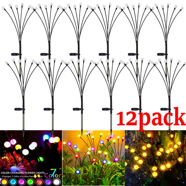12 paczek zewnętrzne lampy słoneczne LED wodoodporne Starburst Solar Firefly Lights lampa trawnikowa lampa ogrodowa do ścieżki krajobraz dekoracyjny