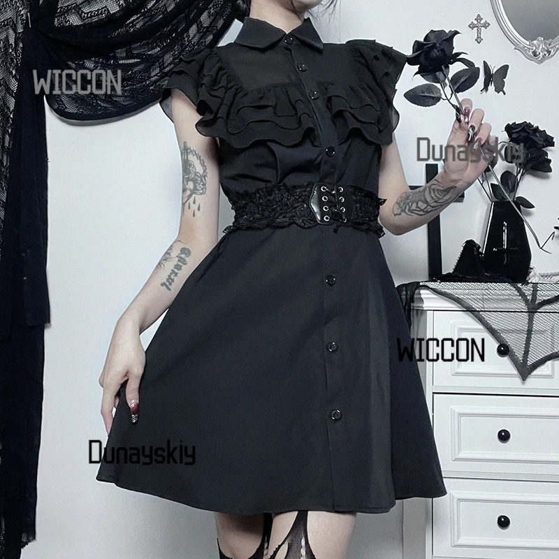 

Jirai Kei Y2K Gothic Lolita Dress Dark Romance Tiered Ruffle Mini Dress with Corset Lacing Cosplay Halloween Valentine's Day