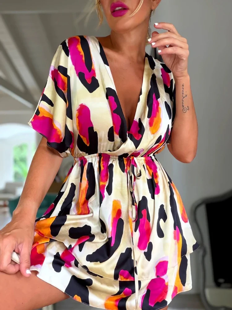 Sexy V-neck Short Sleeve A-Line Dress Fashion Abstract Color Block Print Draped Short Dress Women Elegant Drawstring Mini Dress
