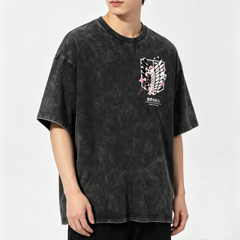 Anime Attack Titan Retro Wash Printed T-shirt Mikasa Ackerman Eren Jaeger Free Wings Pattern Men's Summer T-shirt