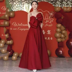 Solid Color Long Dress Women's Clothing Bow Halter Beaded A-line Skirt Wine Red Elegant Evening Gown M005