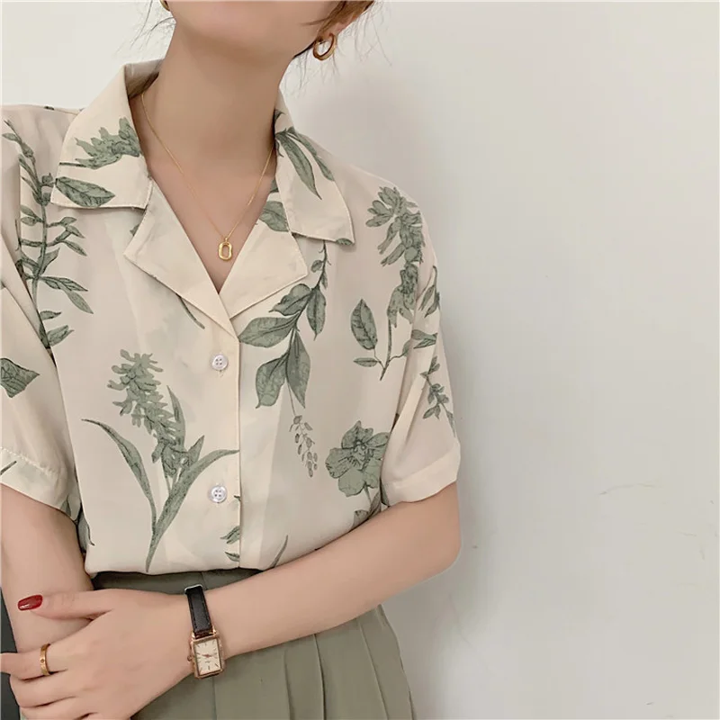 Chemises à fleurs d\'abricot vintage pour dames, chemise boutonnée crantée, chemisiers en mousseline de soie d\'été, t-shirt à la mode coréenne, style