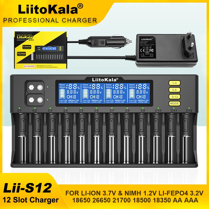 LiitoKala Lii-S12 Lii-S8 18650 21700 26650 9V Battery Charger LCD 1.2V 3.8V 3.2V 3.7V 26700 20700 18350 IMR NiMH/Cd  AA AAA