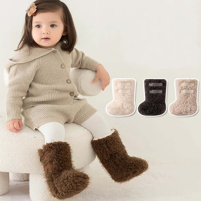 Baby Winter Booties Warm Curly Mid Calf Furry Anti-slip Sole Toddler Boots Baby Floor Shoes for Newborn First Walking 0-18M
