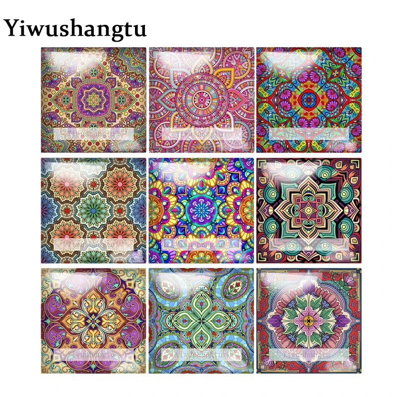 

Colourful Fancy cloth mandala flower Art Painting 12mm/20mm/25mm/30mm Square photo glass cabochon demo flat back Making findings