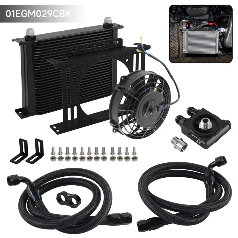 7'' Fan w/Bracket Kit + Universal 28 Row AN10 Thermostatic 73 Degree Oil Cooler Kit Transmission Engine Black/Silver