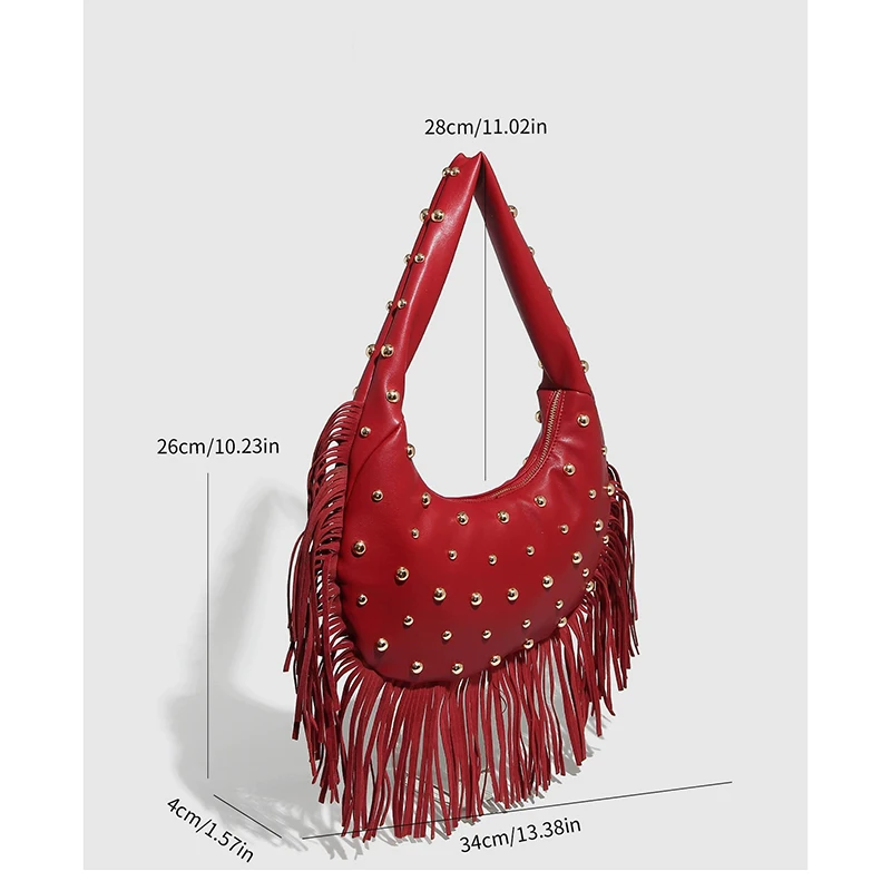 حقيبة هوبو كلاسيكية للنساء من الجلد النباتي تحت الإبط حقيبة يد مع تصميم مرصع بشراشيب حقيبة كتف كاجوال للاستخدام اليومي