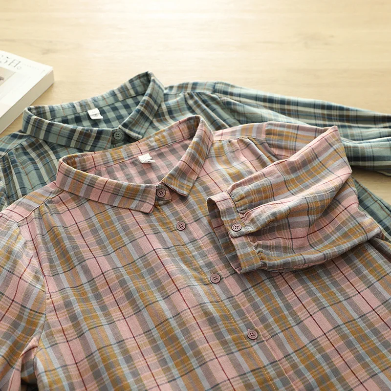 ใหม่2025ฤดูร้อนผ้าฝ้ายแขนสั้นเสื้อผู้หญิงTurn-Down Collarลายสก๊อตพิมพ์, Moriสาวสบายๆเสื้อหลวมวินเทจt54837CC