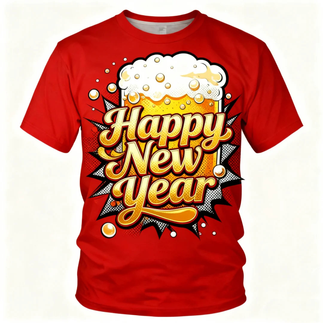 

2026 Happy New Year Short Sleeve Letter Beer Printed T-shirt Funny Party Tops Fall Winter Casual O-neck T Shirts Street Clothing