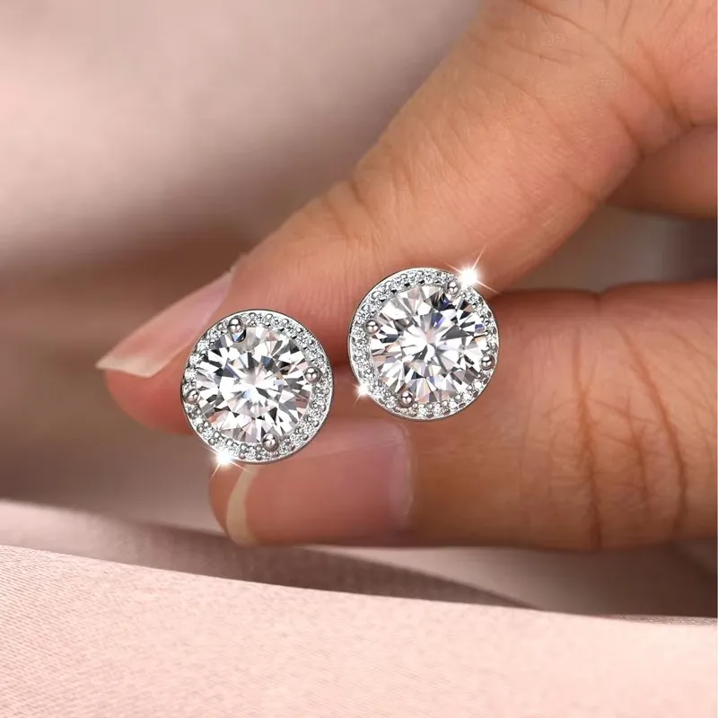 New Fashion Exquisite AAA Zircon 10MM Round Stud Earrings 925 Sterling Silver Wedding Crystal Ear Stud For Women Jewelry Gift
