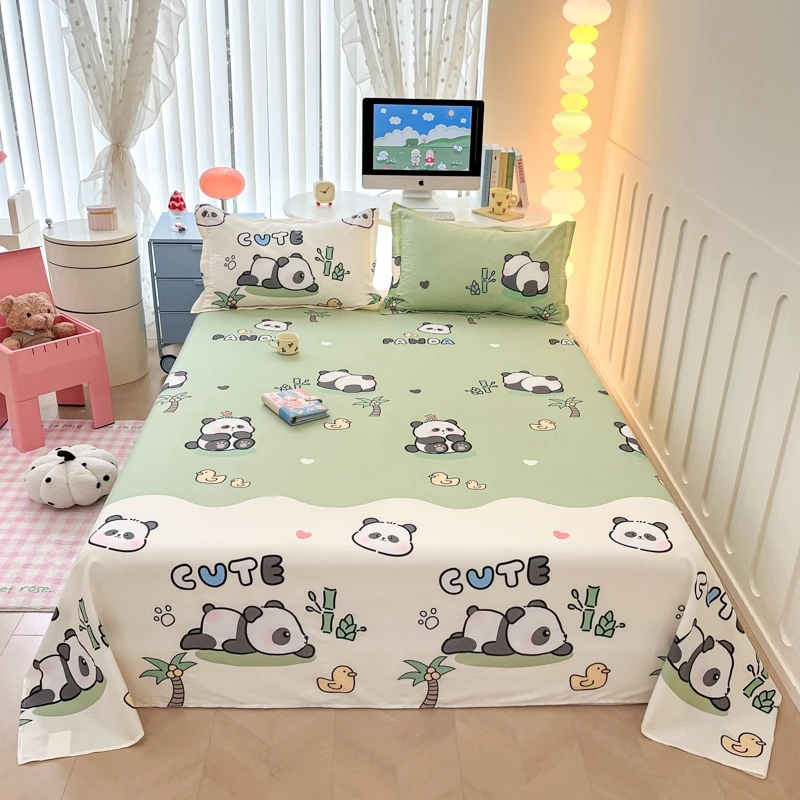 Cute Panda Bamboo Bed Sheet Set for Kids Girls Boys Bedroom Decoration Gift,100% Cotton, Cartoon Flat Sheet with 2 Pillowcases